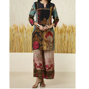 เสื้อผ้าอินเดียและปากีสถานหลากสีทรงตรงพร้อมกางเกงพาลาซโซสีเบจและดีไซน์เนอร์ชุดพิมพ์ลายดอกไม้ - Product Image 1