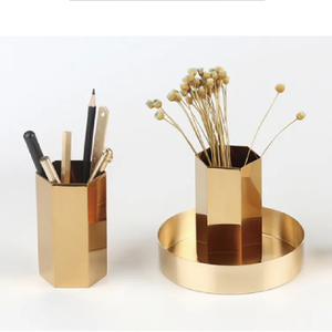 Mirror Polished Pen and Pencil Holder Made of Steel Desk <b>Storage</b> Large Capacity <b>Makeup</b> Brush Holder <b>for</b> Office Shiny Gold Plated - Product Image 6