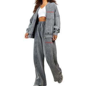 Ensemble de survêtement décontracté pour femme, sur mesure, respirant, imprimé, délavé à l'acide, à capuche, 2 pièces, surdimensionné, fermeture éclair, jogging - Product Image 1