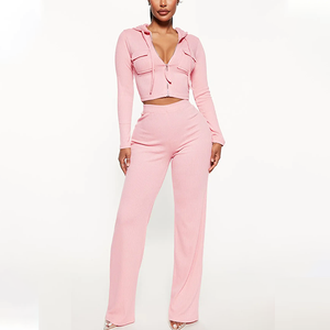 เสื้อครอปแจ็คเก็ตแบบลำลองมีฮู้ดและกางเกงพลุกระดิ่งพร้อมกระเป๋าสไตล์สีทึบชุด2ชิ้นทรงผอมโลโก้ออกแบบได้ตามต้องการฤดูใบไม้ร่วงฤดูหนาว - Product Image 3