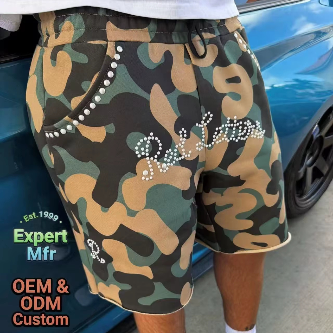 Custom Rhinestone Camo Shorts Men Vintage Y2K Streetwear Oversized Heavyweight Cotton Sweat Shorts Baggy Hip Hop Raw Hem Short