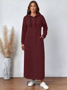 Winter Maxi Long Pullover Sweatshirt Dress Knitted Cotton Fleece Breathable Winter Casual Wear with Side Pockets Custom Option - Product Image 4