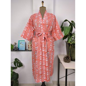 Boho Style Cotton <b>Kimono</b> Hand-Printed Indian Bagh Robe Luxurious Lightweight Summer Cover-Up Sunrise Rose Orange for Swimsuit - Product Image 1
