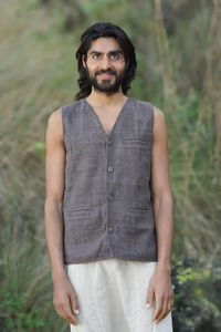 Chaleco tribal marrón para hombre seda cruda y 100% algodón chaleco ceremonial étnico informal para verano patrón sólido - Product Image 3