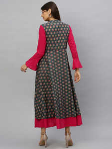 Robe Anarkali Kurta pour femmes en coton slub à imprimé floral brodé, longueur mollet, col montant, manches longues, tenue ethnique élégante, gris - Product Image 2