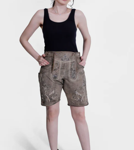 Nuevos pantalones cortos de cuero de cabra Lederhosen disfraces bávaros para mujeres patrón sólido de estilo alemán bordado personalizado - Product Image 1