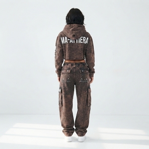 Custom Women Acid Wash Brown <b>Cropped</b> Zip Hoodie Cargo <b>Jogger</b> Set Cotton Fleece Streetwear Tracksuit OEM Wholesale - Product Image 2