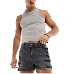 Short en jean de luxe super court 100% coton écologique style High Street avec déchirures lavage moyen bleu noir Skinny Denim - Product Image 5