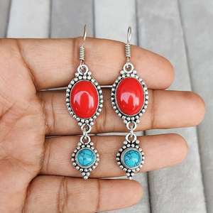 Turquoise et rouge corail Multi pierre boucle d'oreille 92.5 argent plaqué oreille fil boucle d'oreille balancent boucle d'oreille à la main Boho bijoux cadeau - Product Image 4