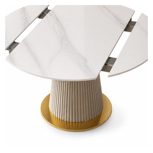 Table à manger en métal à hauteur réglable, aspect marbre blanc, base plissée dorée extensible, mobilier de restaurant moderne - Product Image 4
