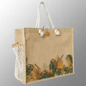 Dijital baskılı lüks jüt alışveriş çantası jüt promosyon çanta yan cep ve halat kolları ile sanat eseri ile özel baskılı
