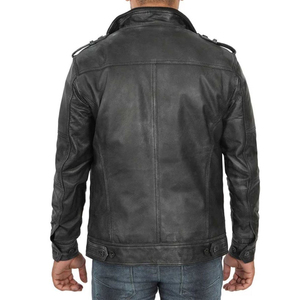 Chaqueta de piel de motorista de piel de cordero para hombre, 4 bolsillos exteriores y dos interiores, cierre de cuello con cremallera, logotipo frontal negro desgastado personalizable - Product Image 2