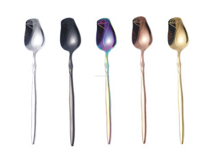 Rainbow Color 5 Rose Spoon and 5 Heart Engraved Fork <b>Flatware</b> <b>Set</b> For any Occasion (Pack of 10) - Product Image 4