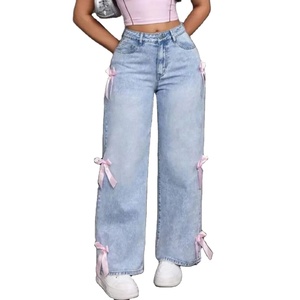 Mid Waist Women Straight Leg Jeans <b>Wide</b> Fit Denim Breathable Quick Dry <b>Ribbon</b> Bow Style - Product Image 1