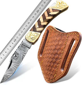 Wholesale Customized High Quality OEM/ODM Handmade Damascus Steel <b>Drop</b> Point Folding Pocket Knife Engraved Wood <b>Back</b> Leather - Product Image 3