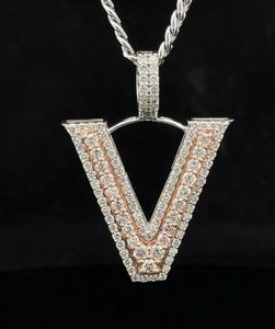 14k two-tone rose and white gold & diamond V <b>Initial</b> Pendant Moissanite Diamond Hip Hop Jewelry Iced Out <b>Necklace</b> Birthday Gift - Product Image 1