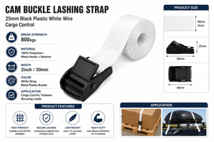 Cam Buckle Polyester Lashing Strap 25mm Black <b>White</b> Wire-<b>Cargo</b> CE Quatest3 Certified Provina Brand 800kg Break Strength Binh - Product Image 3