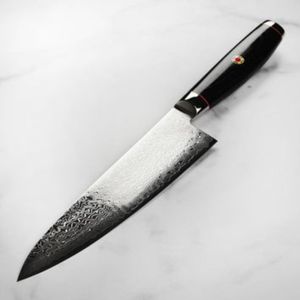 Cuchillo de chef de cocina de acero de Damasco hecho a medida, refuerzo de acero inoxidable Micarta de lona negra para cocineros caseros con soporte OEM - Product Image 3