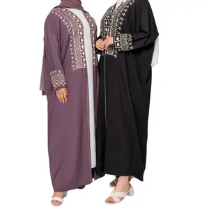 뜨거운 판매 제품 두바이 터키 여성 기모노 아바야 카디건 넥 라인 수 놓은 긴 소매 플러스 사이즈 이슬람 여성 원피스