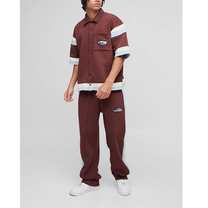 ชุดแทรคสูทผู้ชายทรงหลวม แขนสั้น สีบล็อกคุณภาพสูง กางเกงขายาวทรงกว้าง ผ้าคอตตอนเนื้อหนา ทรงบ็อกซี่ - Product Image 1