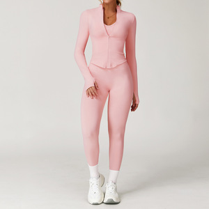 Ensemble de veste zippée à col montant sans couture pour femmes, ensemble de sport pour la course à pied en plein air, entraînement, leggings de yoga à taille élastique - Product Image 2