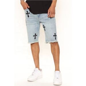 Washed Blue Jean <b>Shorts</b> High Waist Zipper Fly <b>Men</b> Cotton Black Graphic Print Denim <b>Shorts</b> - Product Image 1