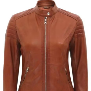 Chaqueta de cuero marrón para mujer más vendida de punto con diseño de motocicleta recto simple característica transpirable - Product Image 1