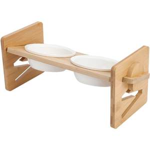 Whisker Friendly Elevated Cat <b>Bowls</b> Double Stainless Steel Tilted Raised Pet Feeder Adjustable Bamboo Stand Bulk Order - Product Image 1