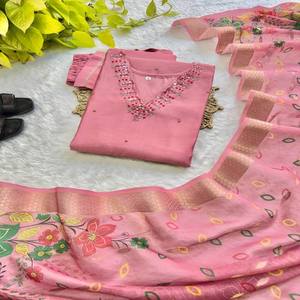 Ensemble de pantalons Premium Gadwal Soft Kurti avec col artisanal et jacquard Zari Dupatta Ethnic Collection 3 pièces - Product Image 4