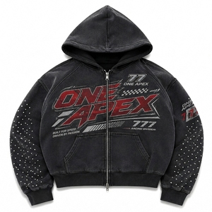 Black Racing <b>Zip</b> <b>Up</b> <b>Hoodie</b> Men Oversized Streetwear <b>Graphic</b> Fleece Sweatshirt Rhinestone Sleeve Custom Casual Fashion - Product Image 5