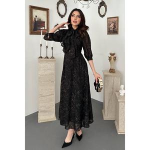 Vestido Midi Azul Otoñal con Lazo Negro - Tela Tejida Sólida, Manga Larga, Silueta en A, Cintura Natural, Elegante para Fiestas - Product Image 2