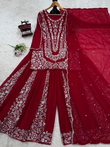 Elegante Georgette Plazo Set Hilo y trabajo de secuencia con Micro Dupatta interior Longitud 2,2 metros Tamaños M a XXL Plus 3XL Margen - Product Image 5