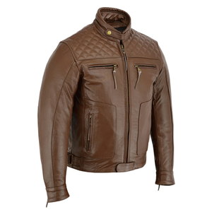 Men's Brown Genuine Diamond Leather Racing Motorbike Jacket CE-Certified <b>Protectors</b> for Winter Motorcycle Riding Windproof - Product Image 2