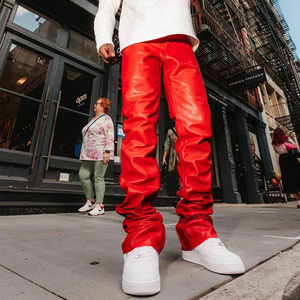 OEM Custom Logo Pu <b>Leather</b> Streetwear High Waist Zipper Pants <b>Flare</b> Sweat <b>Leather</b> <b>Trousers</b> Custom Stacked Faux <b>Leather</b> Pants Men - Product Image 1