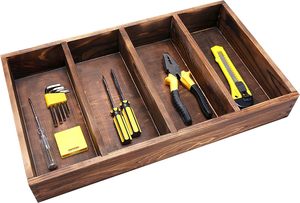 Burnt Wood Drawer Organizer Tray with 4 Slots Multipurpose Utensil Cutlery Tools <b>Wooden</b> <b>Bin</b> - Product Image 3