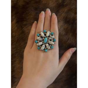 Navajo-Handmade Trendy Sterling Silver Multi-Stone <b>Adjustable</b> Cluster <b>Ring</b> Turquoise Bezel One Size Fits All Perfect Gift - Product Image 2