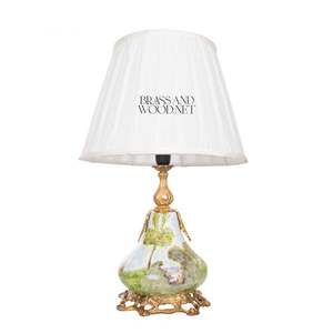 Porcelain <b>Table</b> <b>Lamp</b> with Hand-Painted Scenic Design, Antique Brass Detailing and White Fabric <b>Shade</b> <b>for</b> Classic Luxury Decor - Product Image 1