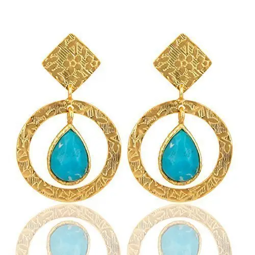 Turquoise Blue Gemstone Pear Shape Blue Gemstone Gold Plated 925 Sterling Silver Earring