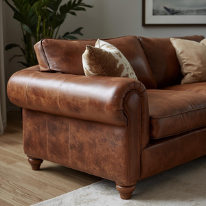 Sofá de Cuero Genuino de Estilo Moderno de Mediados de Siglo, Sofá de 3 Plazas con Brazos Enrollados y Detalles de Tachuelas para Sala de Estar - Product Image 3