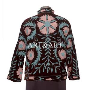 Women's Handmade Embroidered Suzani Jacket Indian Cotton Quilted Coat <b>Kimono</b> <b>Robe</b> <b>Long</b> Boho Style Floral Design jacket - Product Image 5