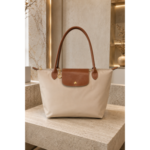 Two-Tone Dark Beige Cow Skin <b>Leather</b> Flap Handbag Hand & Shoulder Bag with Grain Texture Water Resistant 27x40cm - Product Image 1