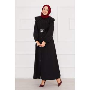 Robe Hijab noire boutonnée pleine longueur à col large conçue sur mesure modeste musulmane Abaya XS taille tenue de soirée - Product Image 1