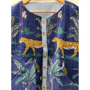 Hand Block-Printed <b>Quilted</b> Cotton <b>Jacket</b> with Coconut Shell Buttons Full Sleeve Summer the Jungle Navy - Product Image 3