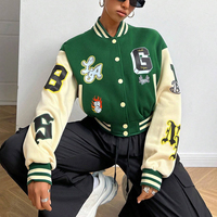 À la mode Chenille Patchs Travail Femmes Recadrée Varsity Veste Vert Couleur Streetwear Broderie Crop Top Varsity Vestes