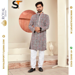 คอลเลกชันชุดนอน Kurta ของผู้ชายลายพิมพ์งานแบบดั้งเดิมของชิคานเปิดตัวโดยการส่งออกของราชวงศ์ใน Gujarat Surat - Product Image 5