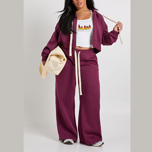 Ensemble 2 pièces pour femme, sweat à capuche court zippé et pantalon évasé, en coton 100%, avec broderie en dentelle unie, style streetwear, OEM/ODM, logo personnalisé - Product Image 1