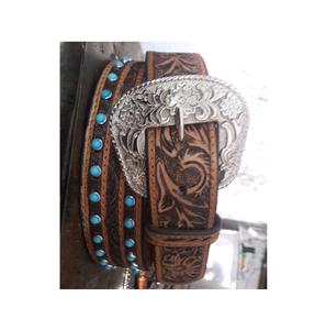 Vente chaude Unisexe Floral Outillé Bleu Goujons Ceintures En Cuir Ceintures Perlées Durables avec Boucles Fantaisie Produits De Cheval Personnalisés - Product Image 2