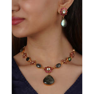 Conjunto de Collar y Pendientes de Latón Chapado en Oro de 18K con Circonitas, Ajustable, con Cierre de Hilo/Dori, Modelo CC-S27, Joyería de Moda - Product Image 4