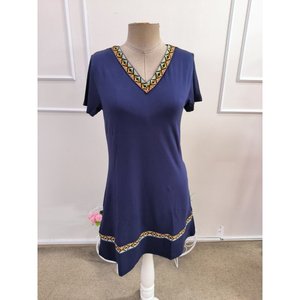Women's Short-Sleeved V-Neck Ethnic Patterned <b>Viscose</b> <b>Dress</b> with Stripe Detail, 36478 - Saks Blue - Product Image 4