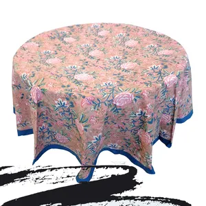 Best Selling Products Indian Misty Rose Gud Hand Block Printed Cotton Wedding Round Tablecloth For Sale